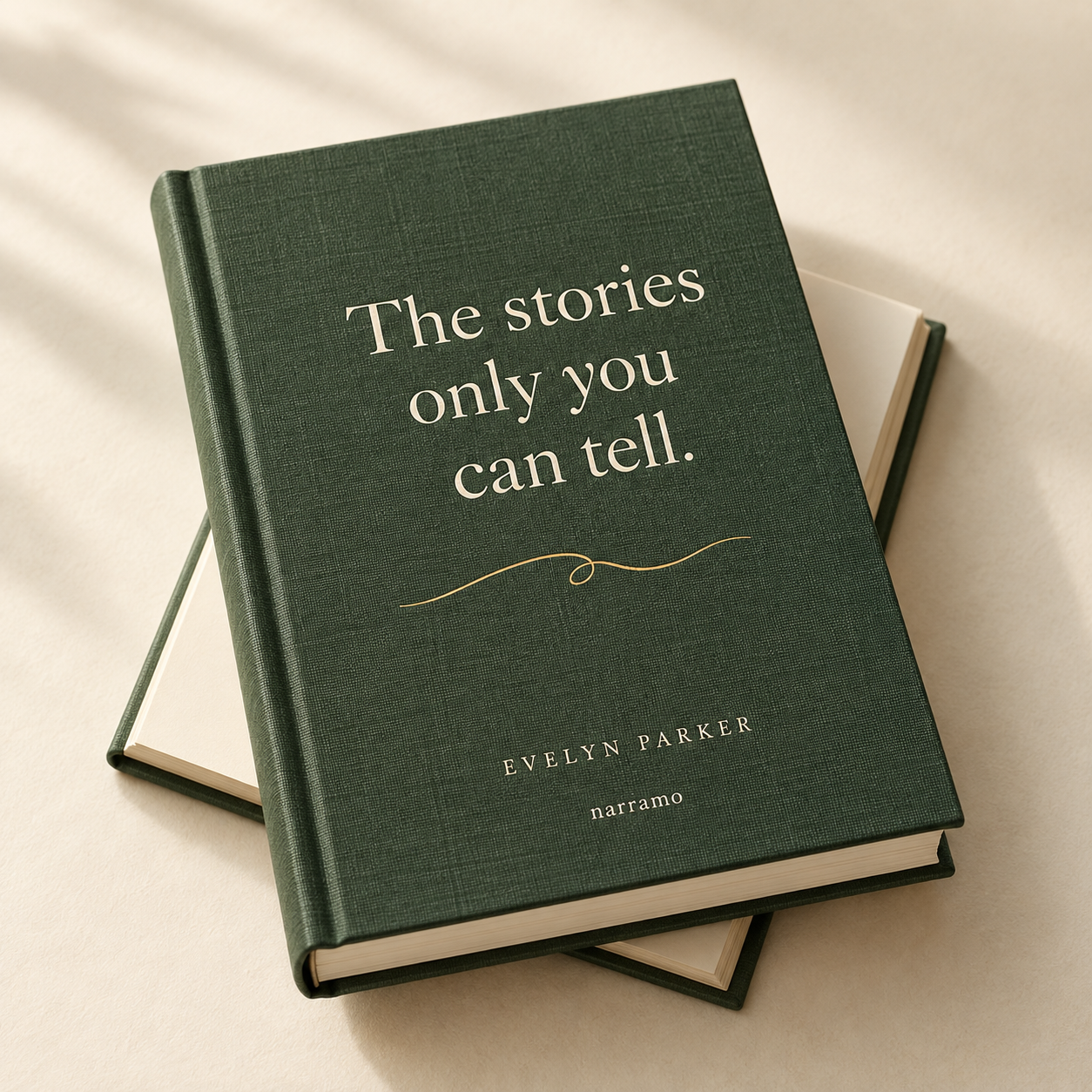 A concept for a forest-green Narramo book titled The stories only you can tell, by the fictional Evelyn Parker.